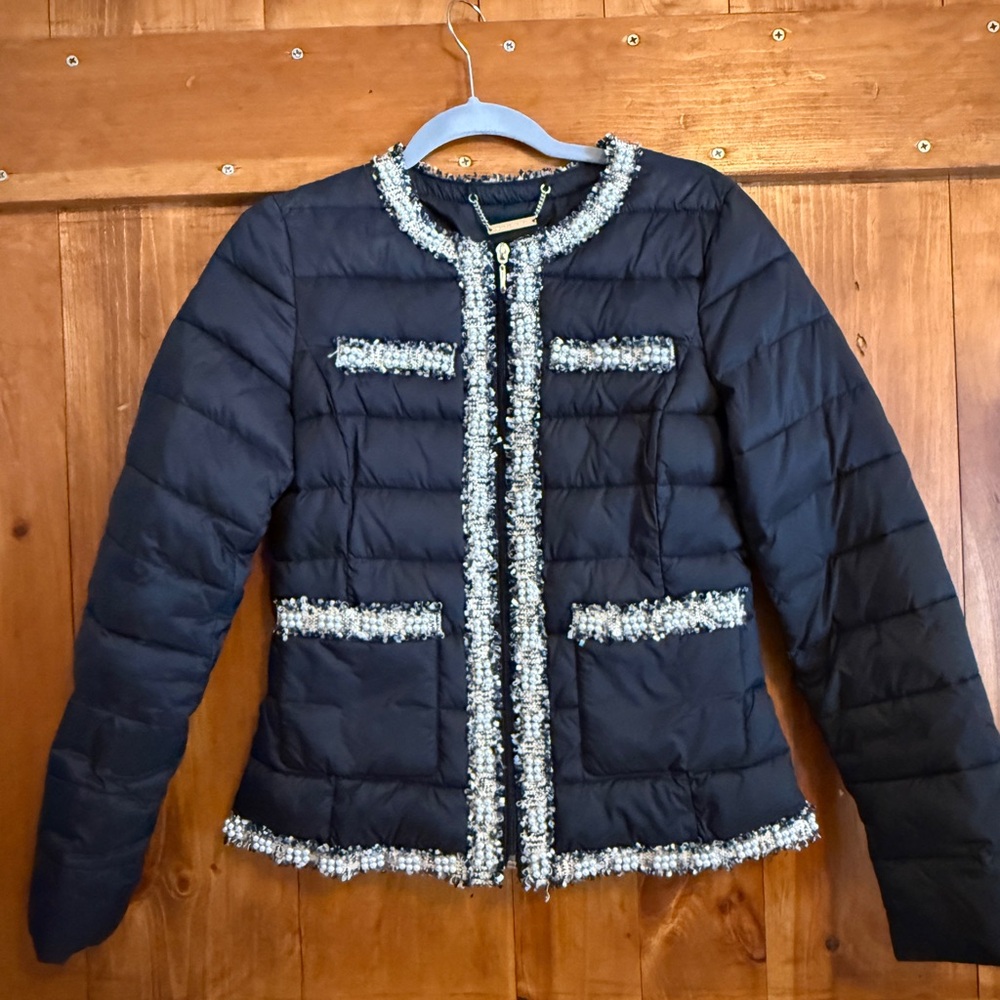 White House Black Market puffer style coat with “chanel and pearl” size extra XS